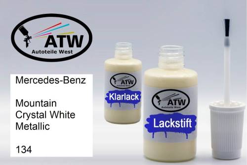 Mercedes-Benz, Mountain Crystal White Metallic, 134: 20ml Lackstift + 20ml Klarlack - Set, von ATW Autoteile West.